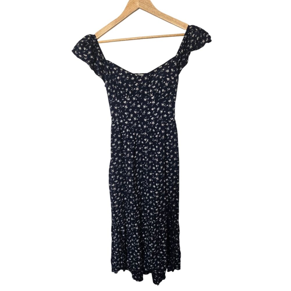Hollister Navy Floral Midi Dress Puff Sleeve Sweetheart Size S